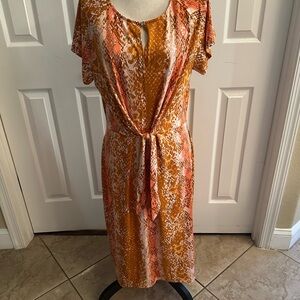 XL Orange, Brown and White Women's Animal Print Cap Sleeve Dress With Front Tie